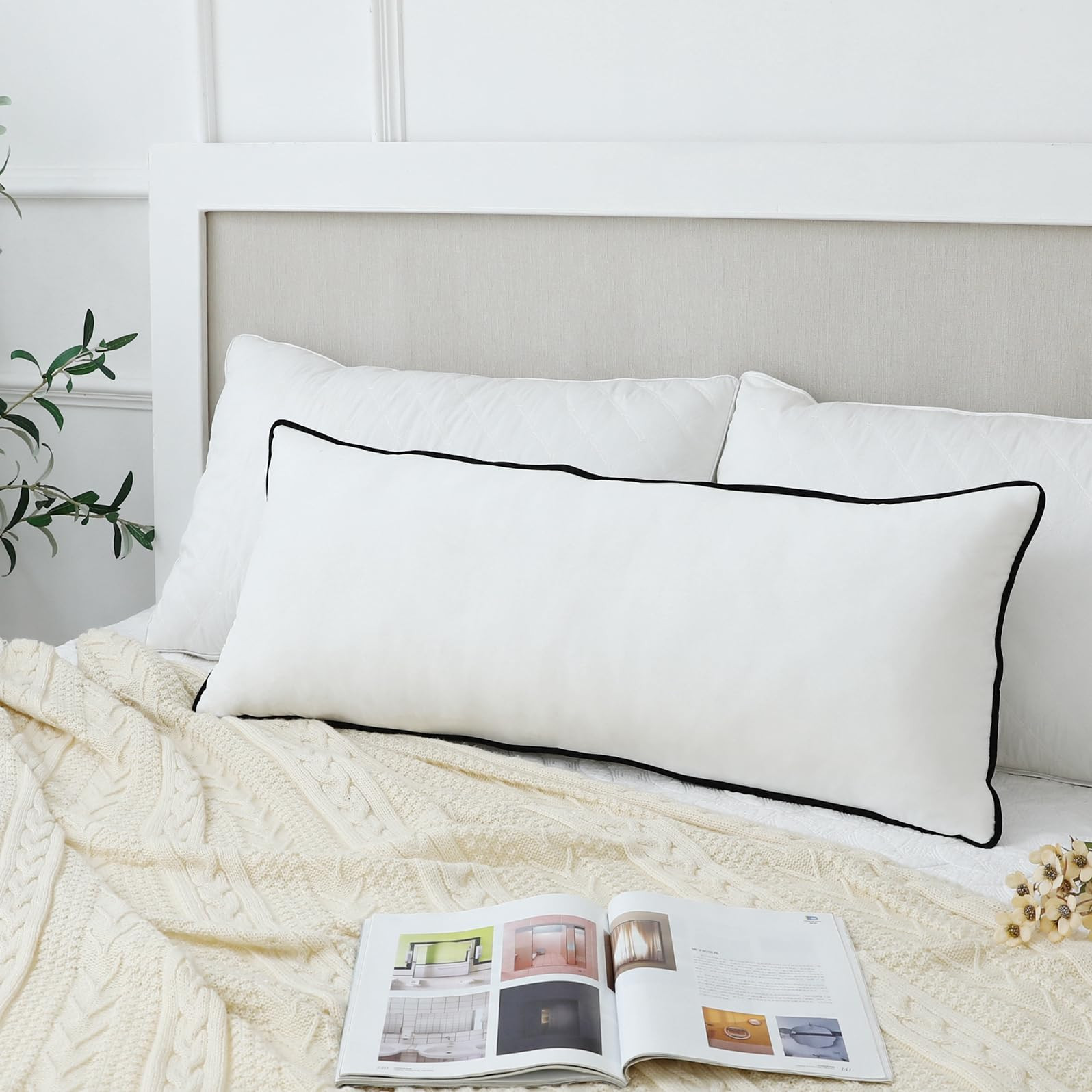 LIGICKY Long Lumbar Pillow Cover 16x36 inch White Velvet Black Rope Edging Throw Pillow Covers De... | Amazon (US)