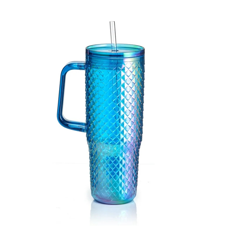 Mainstays 30oz Textured Tumbler with Straw and Handle, Diamond Iridescent Blue, 30oz, Plastic Dou... | Walmart (US)