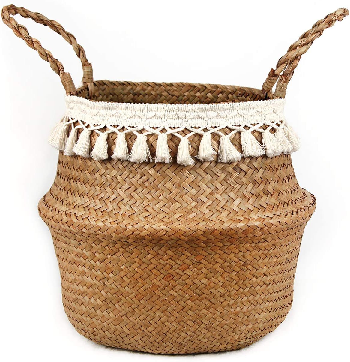 Boho Woven Seagrass Belly Basket for Storage Plant Basket or Toy Basket Living Bathroom (Large, B... | Amazon (US)