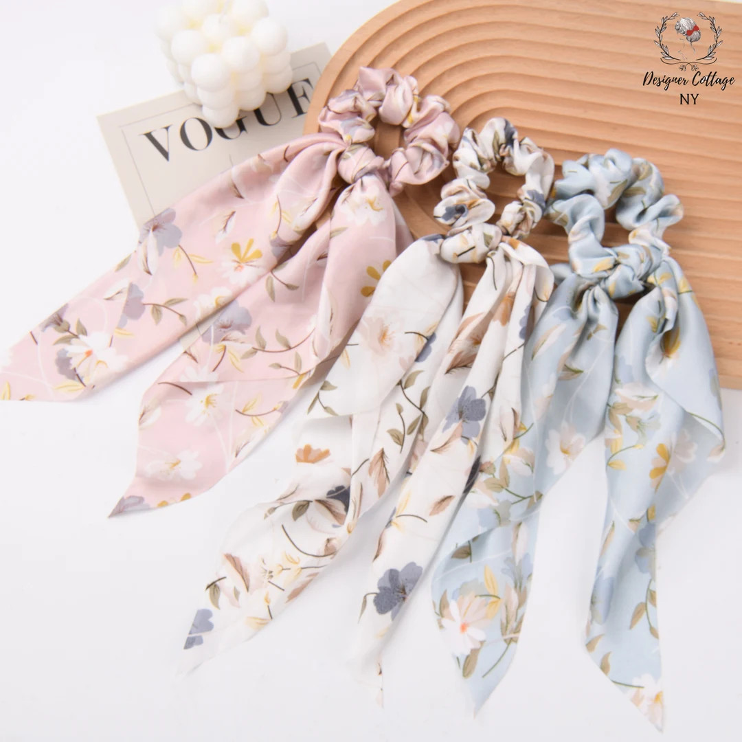 Satin Scarf Scrunchies,flower Scarf With Knot,satin Elastic Hair Tie With Bow,ponytail Bow Hair S... | Etsy (US)