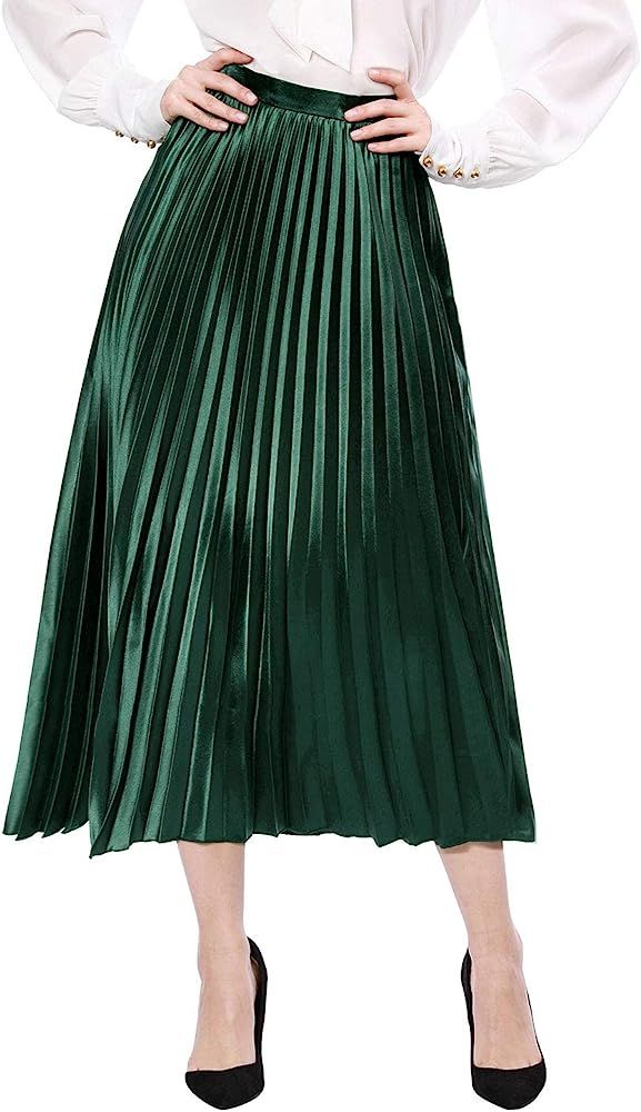 Allegra K Women's Elastic Waist Party Metallic Shiny Accordion Pleated Midi Skirt | Amazon (US)