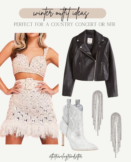 Holiday outfit ideas for a holiday party, country concert, NFR or western style outfit! Sparkly matching set, back leather jacket, silver boots and statement earrings would be a fabulous going out outfit. Shop this fashion look! #westernoutfit #datenightlook #winterfashion

#LTKSeasonal #LTKHoliday #LTKGiftGuide