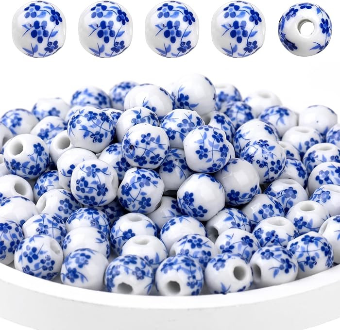 Ceramic Beads, 100Pcs Round Porcelain Beads 8 mm Blue Flower Printed Spacer Beads Handmade Porcel... | Amazon (US)