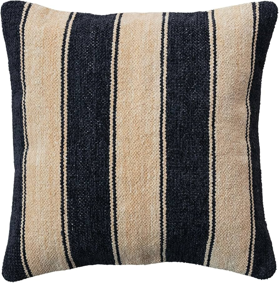 Creative Co-Op Striped Cotton Blend Chenille Pillow, Black and Cream | Amazon (US)