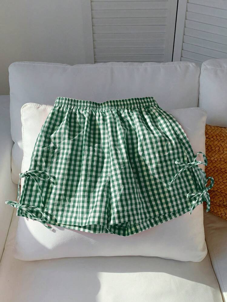 Comfortcana Women's Green Plaid Woven Side Tie Waist Loose Shorts | SHEIN