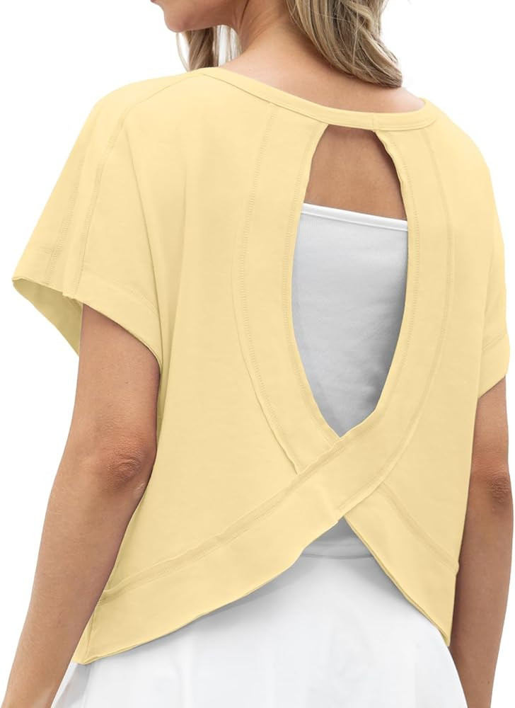 GRECERELLE Women's Open Back Workout Tops Backless Athletic Shirts Casual Crop Running Tee Y2k Yo... | Amazon (US)