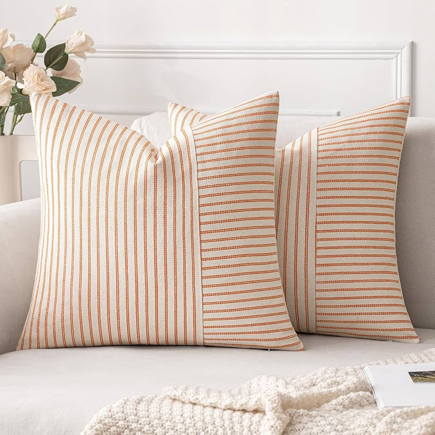 MIULEE Fall Burnt Orange and Beige Patchwork Farmhouse Pillow Covers 18x18 Inch, Pack of 2 Stripe... | Amazon (US)