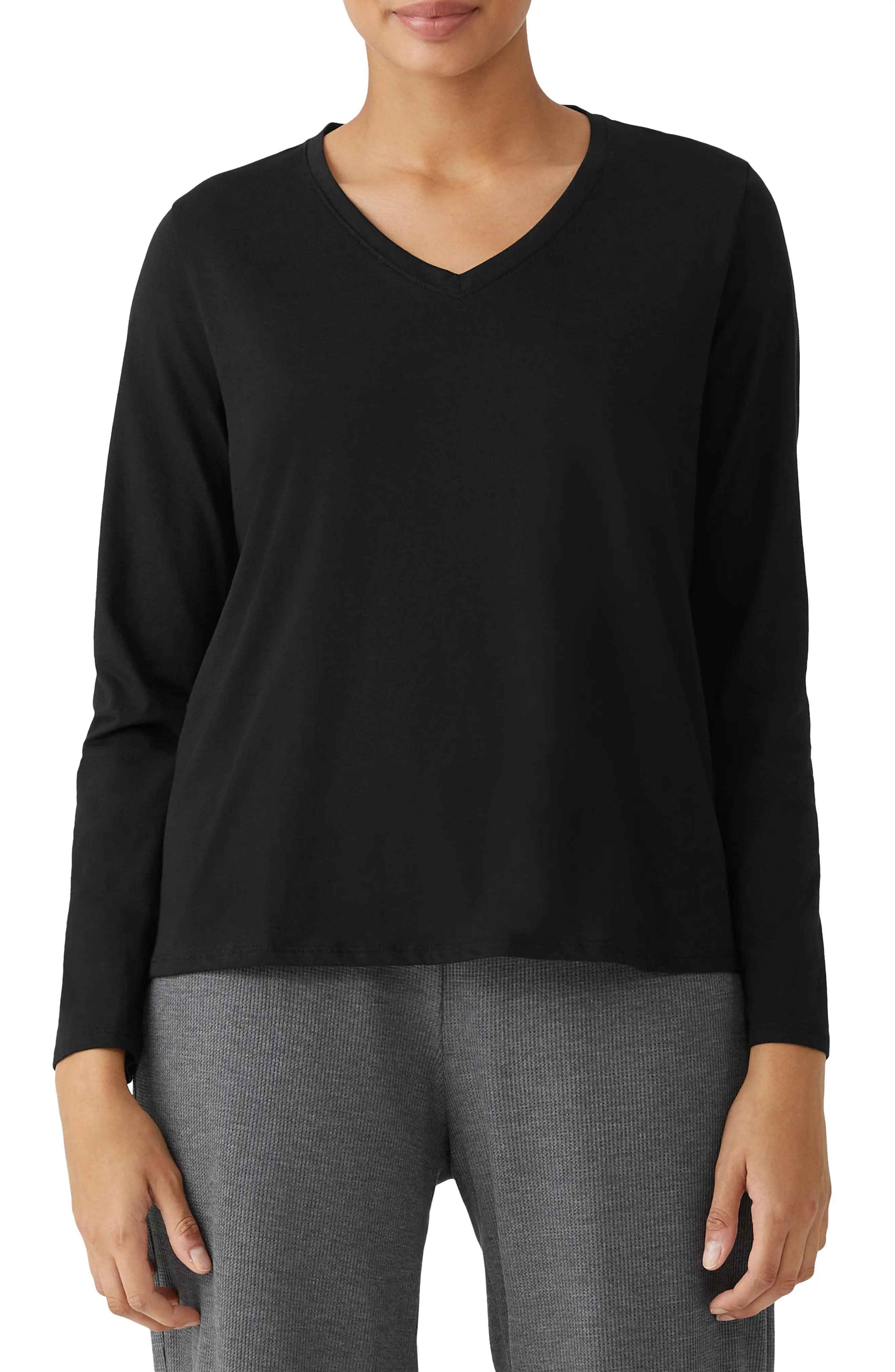 Eileen Fisher Organic Cotton V-Neck Long Sleeve T-Shirt in Black at Nordstrom, Size Medium | Nordstrom