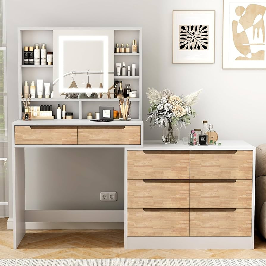 YOURLITE Vanity Desk with Sliding Mirror and Lights, Makeup Vanity with 8 Drawers, Dressing Table... | Amazon (US)