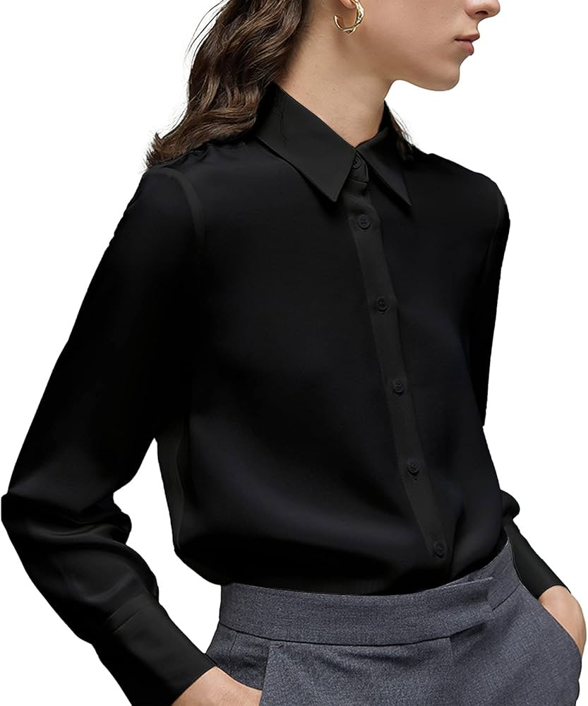 Women's Button Down Shirt Classic Long Sleeve Collared Tops Work Office Chiffon Blouse | Amazon (US)