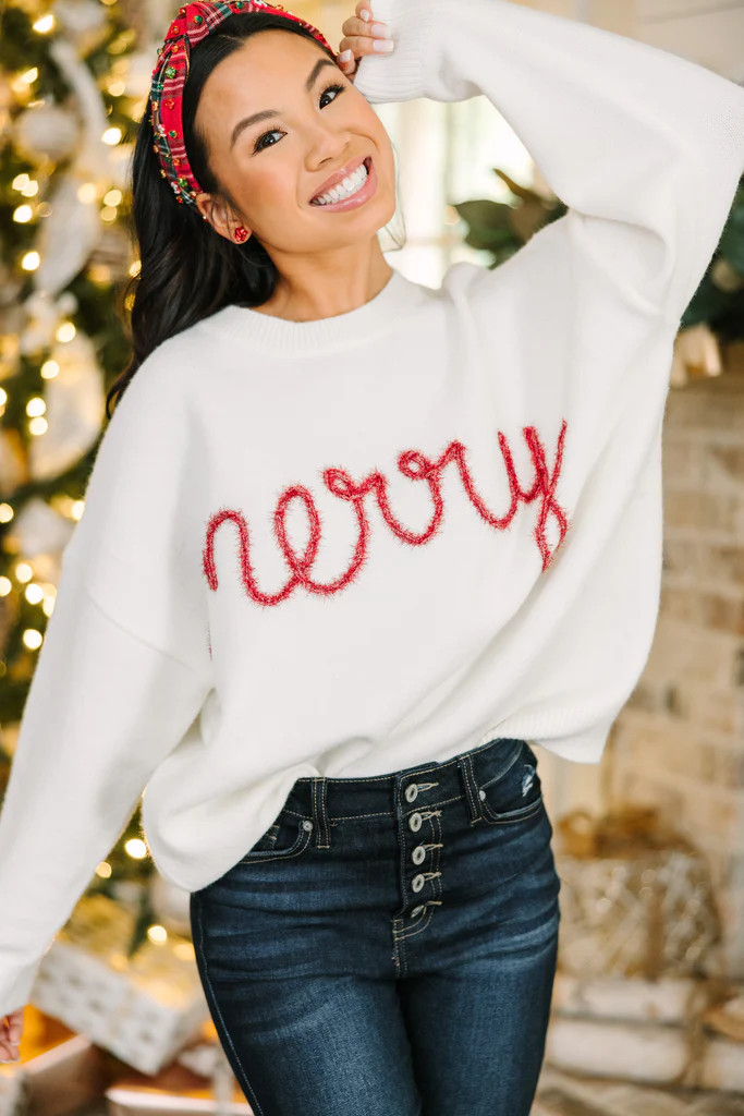 Be Merry Cream White Script Sweater | The Mint Julep Boutique