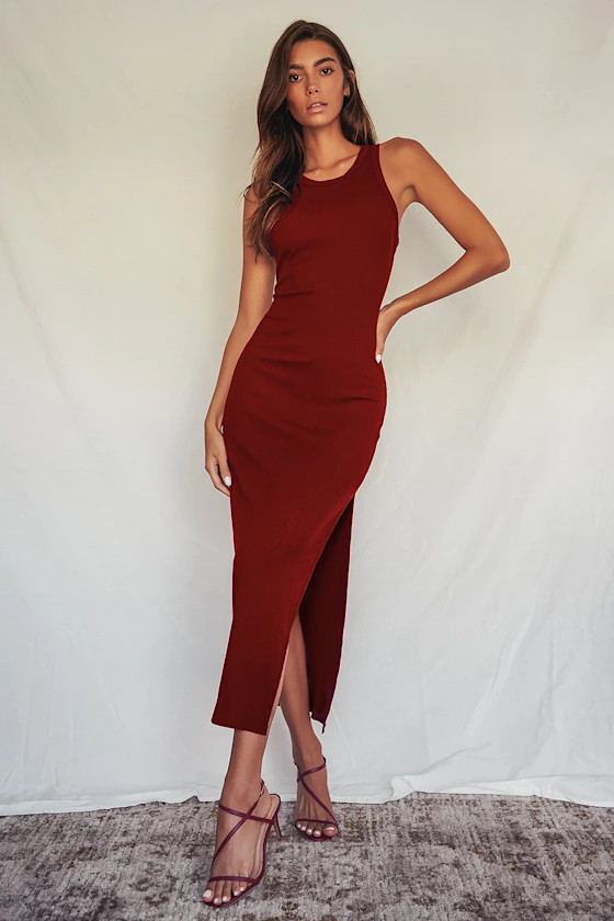 Simply Wonderful Burgundy Ribbed Bodycon Midi Dress | Lulus (US)