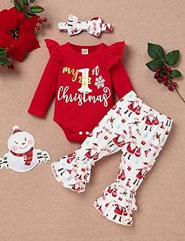 My First Christmas Outfits Newborn Baby Girl Clothes Ruffle Sleeve Tops+Santa Pants with Headband... | Amazon (US)