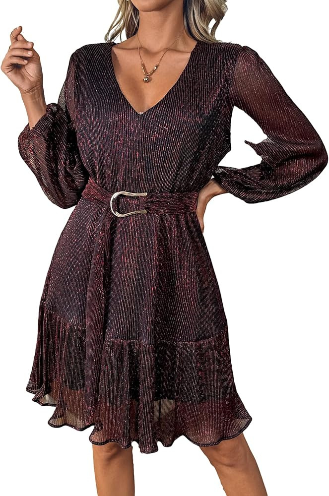 Woman Shiny Threads Dress Long Sleeve Lined with Belt V Neck Mini Pleated Dress | Amazon (US)