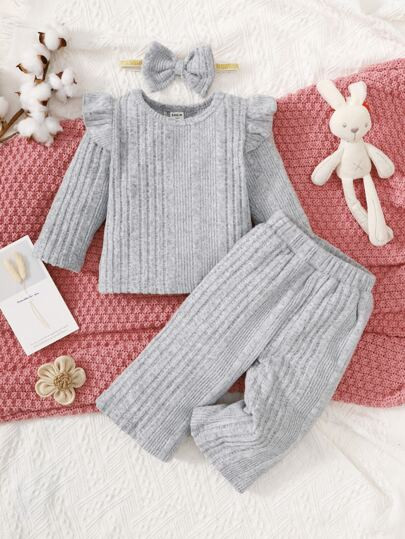 Baby Ruffle Trim Tee & Pants & Headband | SHEIN