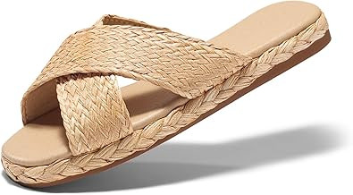 Coutgo Womens Flat Sandals Espadrilles Raffia Open Toe Slides Braided Slip On Summer Beach Shoes | Amazon (US)