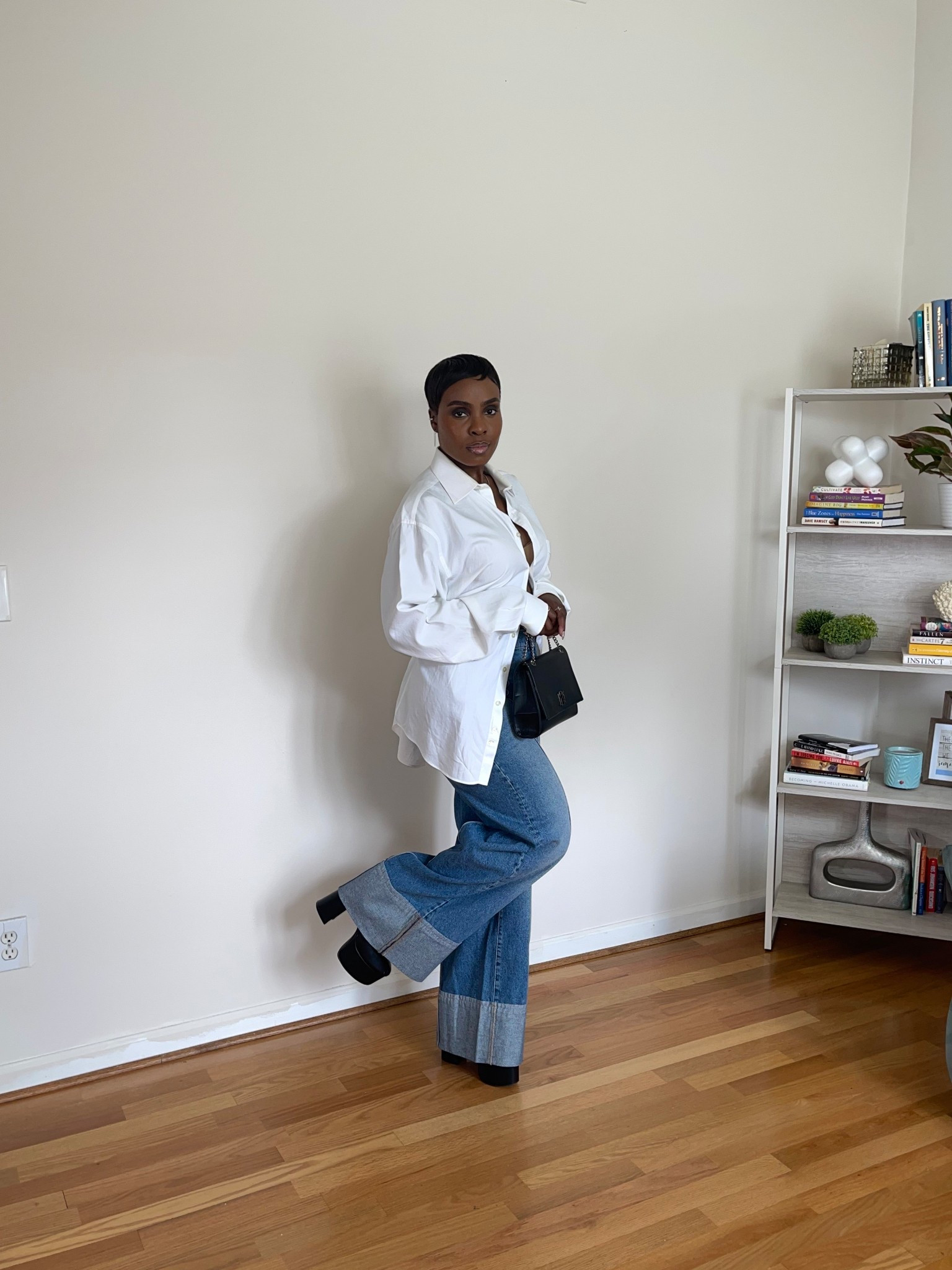 Styling wide leg denim, spring fashion, white poplin shirt, dl1961 denim, oversized white button down, pixie cut, platform pumps