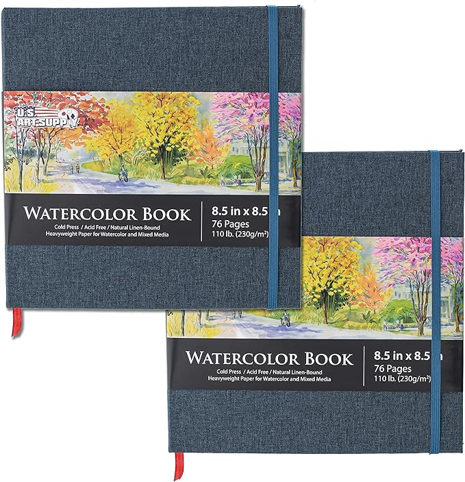 U.S. Art Supply 8.5" x 8.5" Watercolor Book, 2 Pack, 76 Pages, 110 lb (230 GSM) - Linen-Bound Har... | Amazon (US)