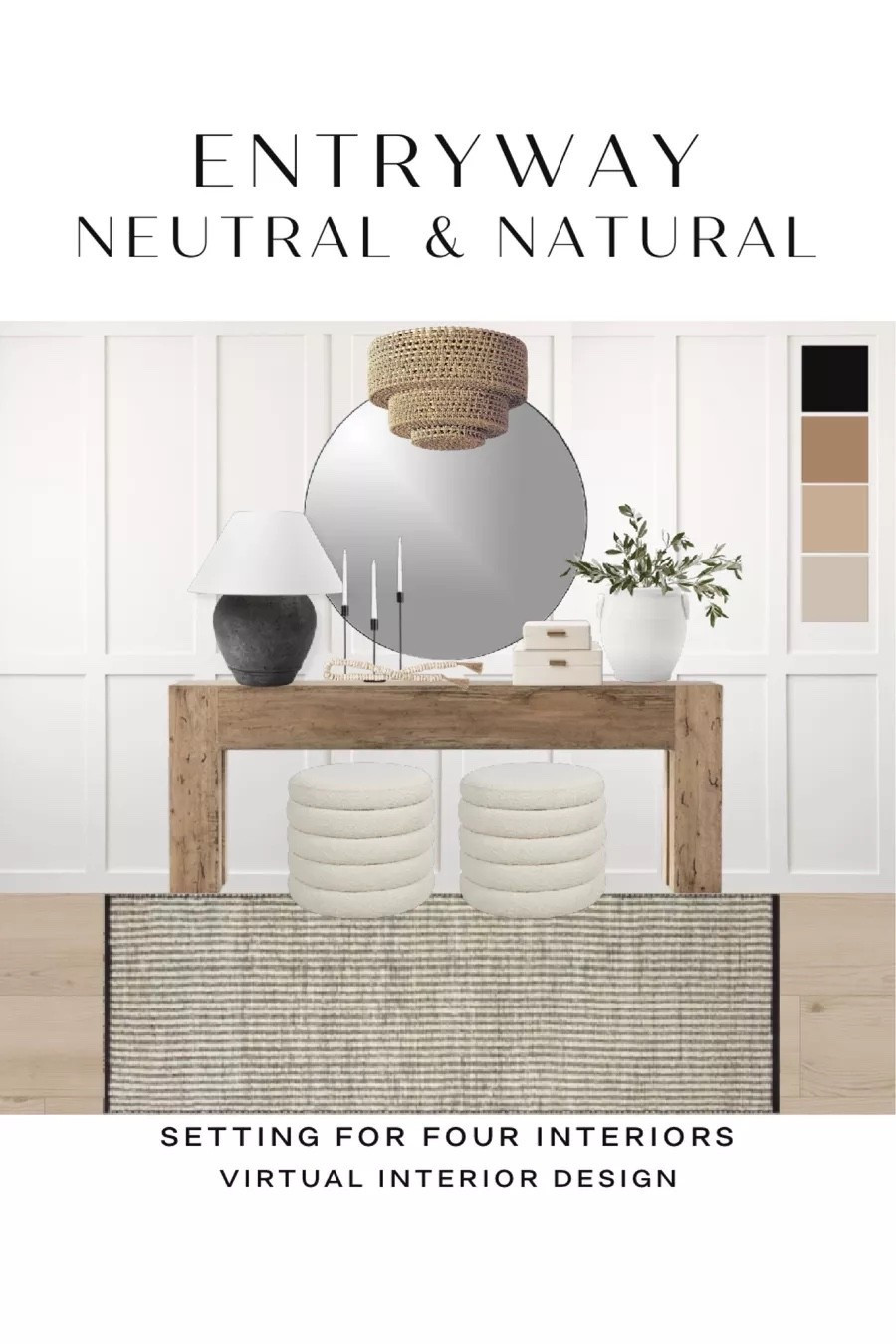 Chic Entryway design- neutral aesthetic
Mood board, Console table, Pottery Barn style, Restoration Hardware look, table lamp, loloi rug, pouf ottomans, mirror, flush mount light, woven, rattan, wood, candle holders, vase, bead garland, earthy, organic modern, transitional, farmhouse, white, black, beige, Amazon home, Amazon finds, Target, McGee, Wayfair home

#LTKhome #LTKsale #LTKstyletip