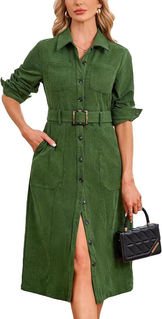 Women's Corduroy Midi Dress Long Sleeve Belted Button Down Shirt Long Dress with Pockets | Amazon (US)
