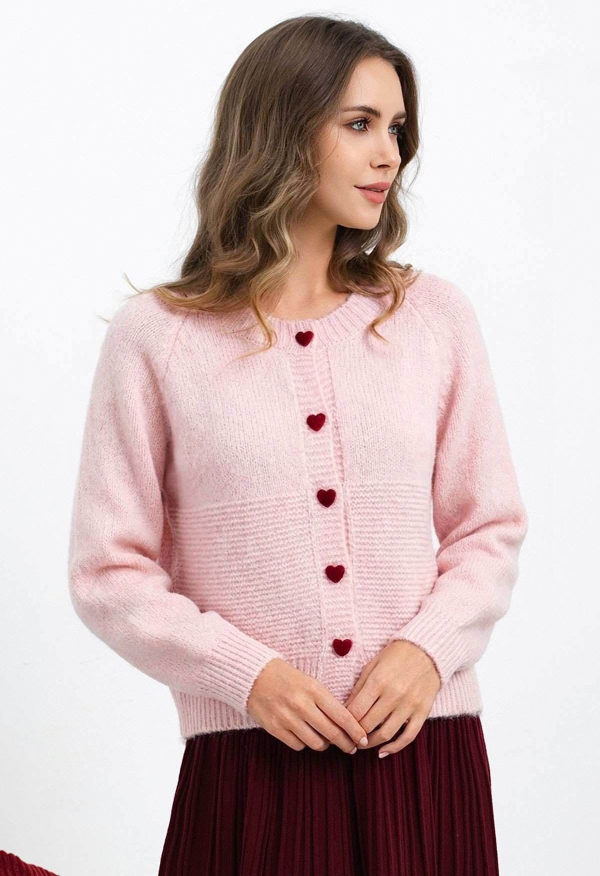 Textured Panel Heart-Button Knit Cardigan in Pink | Chicwish