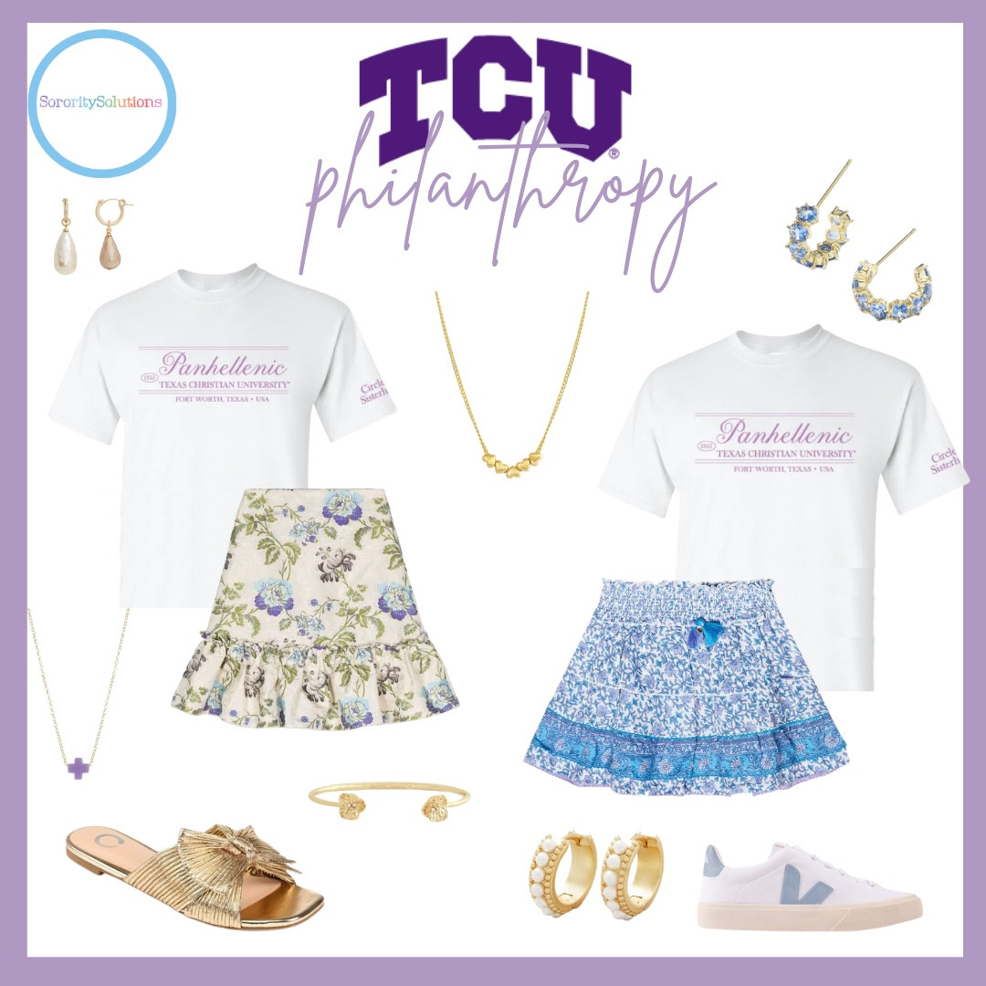 Well hello, TCU Tees!

Tag your TCU friends + Moms-this might be our most adorable plain tee edit!

At TCU, Round 1 is completely virtual where PNM's watch videos of each chapter. Round 2 is where pairing a cute & memorable look to your tee is key!

Playing off some purple spirit, we tapped into lavenders + florals for rush perfection in Fort Worth.

Be unique & go for a pop of color (think yellow)! Add-in gold accessories for a class act to this tee!

When it comes to TCU rush, we recommend "sweet + timeless" FTW.

Will your college be next? Throw us a PM with your philanthropy tee & we'll add yours to our mix!

Follow us TODAY so you don't miss any of our EXPERT RUSH segments!

#LTKSeasonal #LTKStyleTip #LTKBacktoSchool