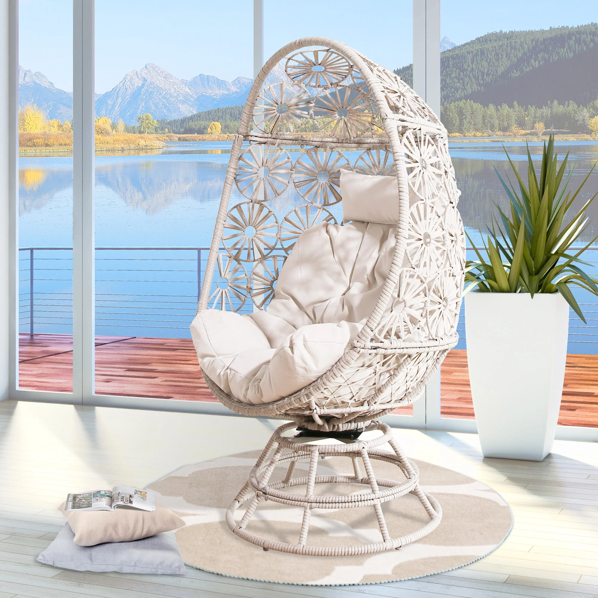 Ulax Furniture Indoor Outdoor Wicker 360 Degree Swivel Basket Egg Chair Papasan Chair with Cushio... | Walmart (US)