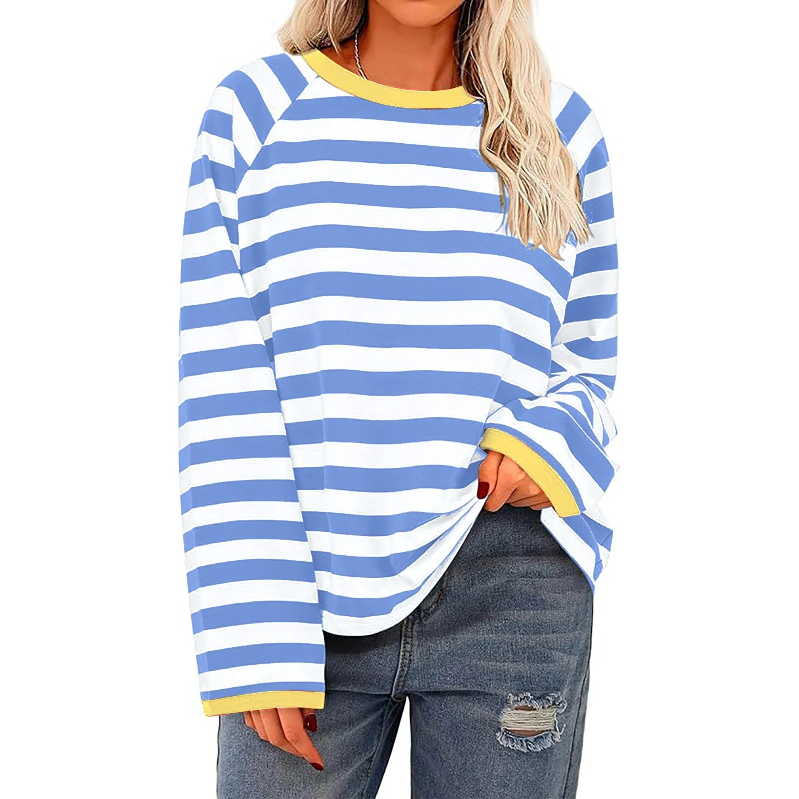 Ofreoo Women's Fashion Long Sleeved Top Striped Knitted T-shirt Loose Fitting T-Shirt Free People... | Walmart (US)