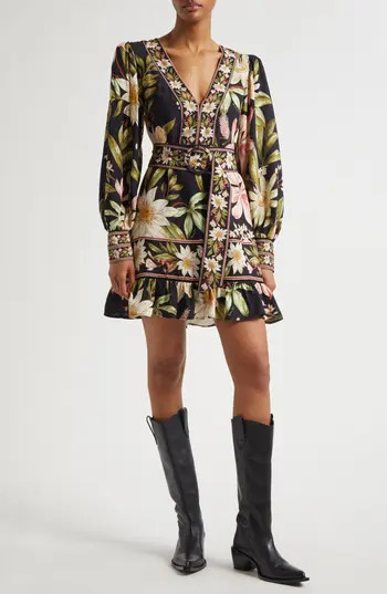 FARM Rio Surreal Flowers Long Sleeve Minidress in Surreal Flowers Blac at Nordstrom Rack, Size X-Small | Nordstrom Rack