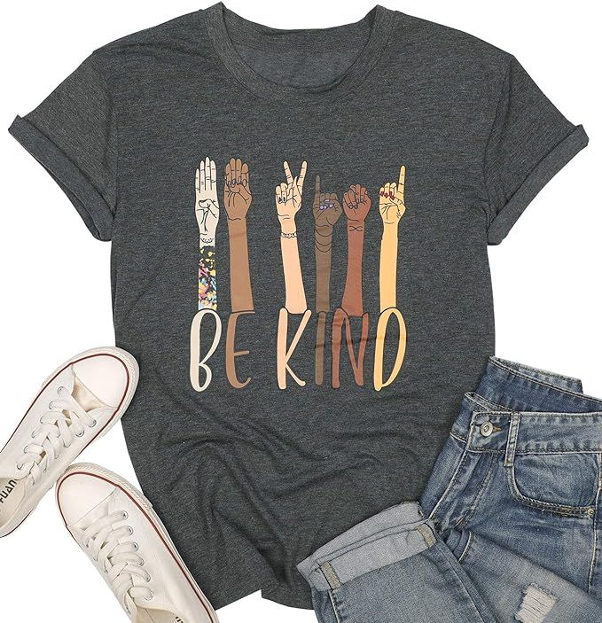 KIDDAD Be Kind Sign Language Shirt Women Inspirational Graphic Teacher Tees Casual Short Sleeve L... | Amazon (US)