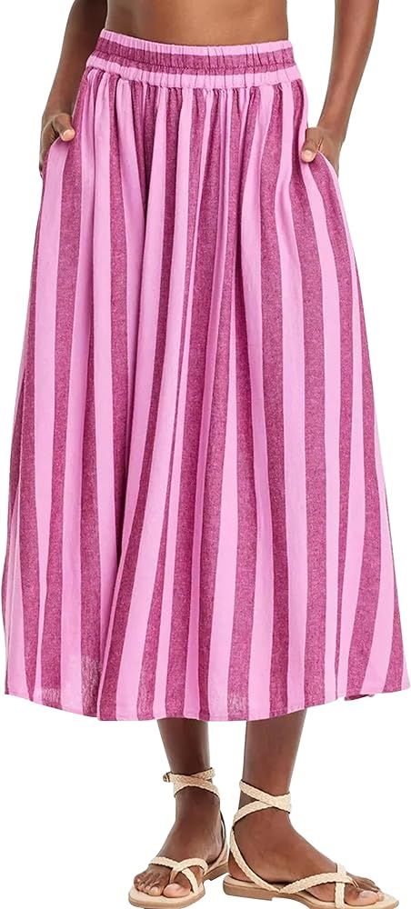 Women Summer Striped Print Midi Skirt Elastic High Waist Y2K A Line Flowy Ruffle Summer Maxi Skir... | Amazon (US)