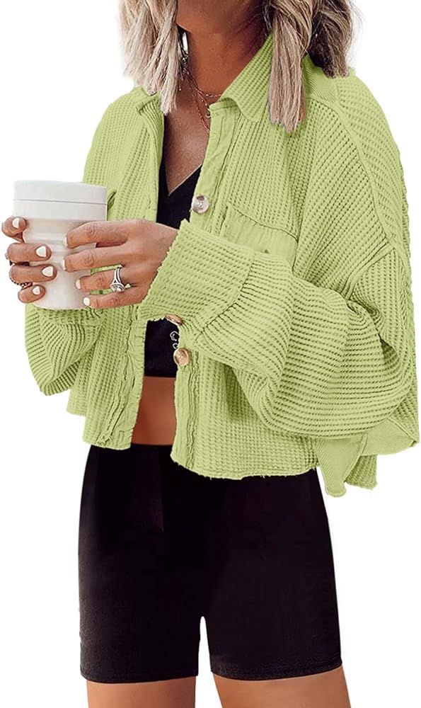 Panadila Women's Cropped Waffle Knit Shacket Short Button Down Jacket Batwing Sleeve Shirts with ... | Amazon (US)