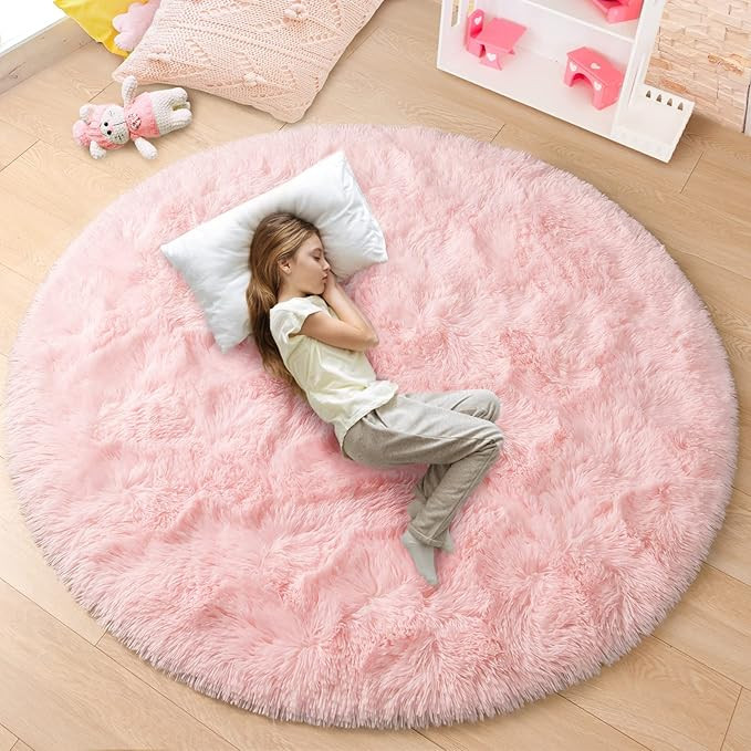 junovo Pink Round Rug 4x4 Feet Fluffy Soft Area Rugs for Kids Girls Room Princess Castle Plush Sh... | Amazon (US)