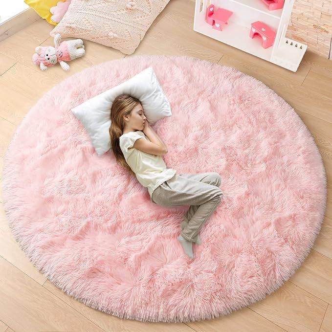 junovo Pink Round Rug 5x5 Feet Fluffy Soft Area Rugs for Kids Girls Room Princess Castle Plush Sh... | Amazon (US)