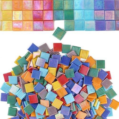 Youway Style Vitreous Glass Mosaic Tiles for Crafts Bulk, 2.2lb Iridescent Mosaic Glass Pieces for Art Crafts, 3/4 inch Square Stained Glass Pieces | Amazon (US)
