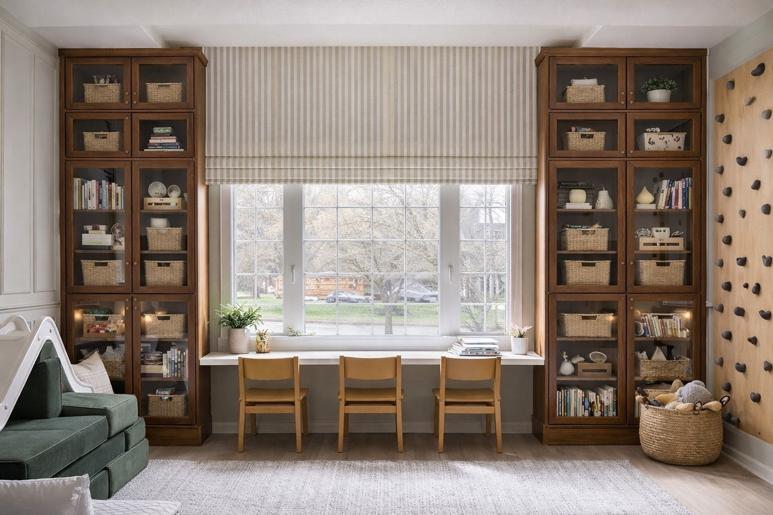 Inspiration for our playroom upgrades now that our kids are entering into older toddlerhood and elementary school. Focused on ample storage and arts and crafts, we wanted to create a place where they can be creative, invite calm into the house, still be aesthetic considering this is an open room and also the first room upon entering our house. Love the depth and richness of color and how it still offers a youthful touch. Curtain: Celia Patterned Roman Shade Cordless color khaki. Because our ceilings are 11 feet tall in our playroom we would add an extra cabinet topper to the Billy bookcase to increase the height.  #playroom #kids #preschool #livingroom #interiordesign #ikea