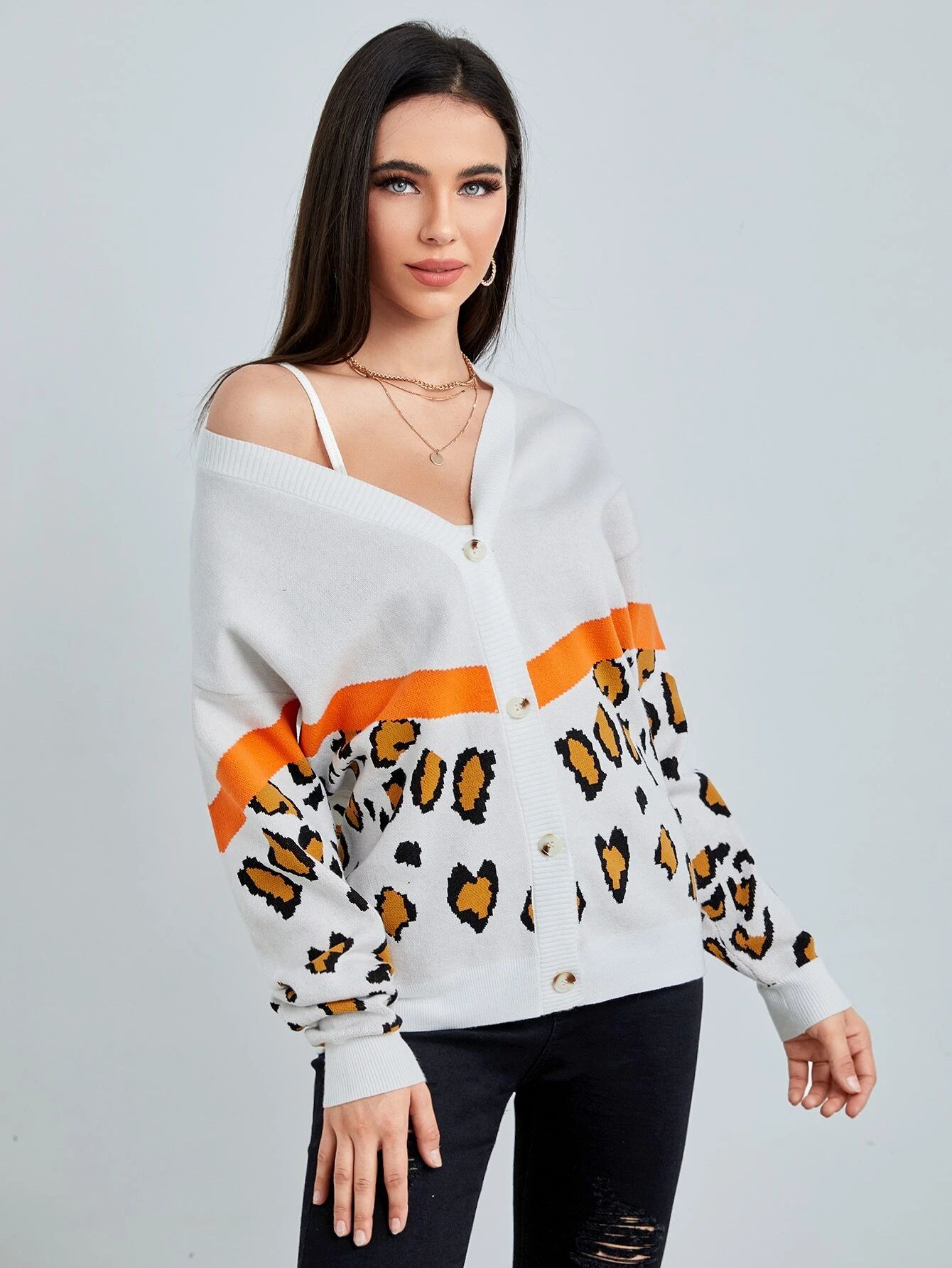 SHEIN Leopard Pattern Drop Shoulder Cardigan | SHEIN