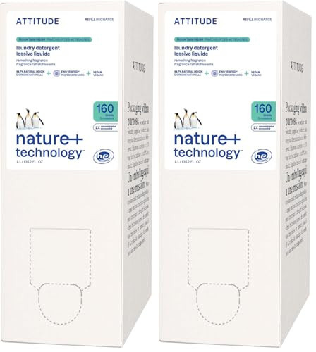 ATTITUDE Liquid Laundry Detergent Refill, EWG Verified, HE Compatible, Plant-Based & Vegan, Natural Laundry Soap, Mountain Fresh Scent, 160 Loads, 135.26 Fl Oz (Pack of 2) | Amazon (US)