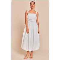Petite White Spaghetti Strap Puff Midi Dress | PrettyLittleThing US