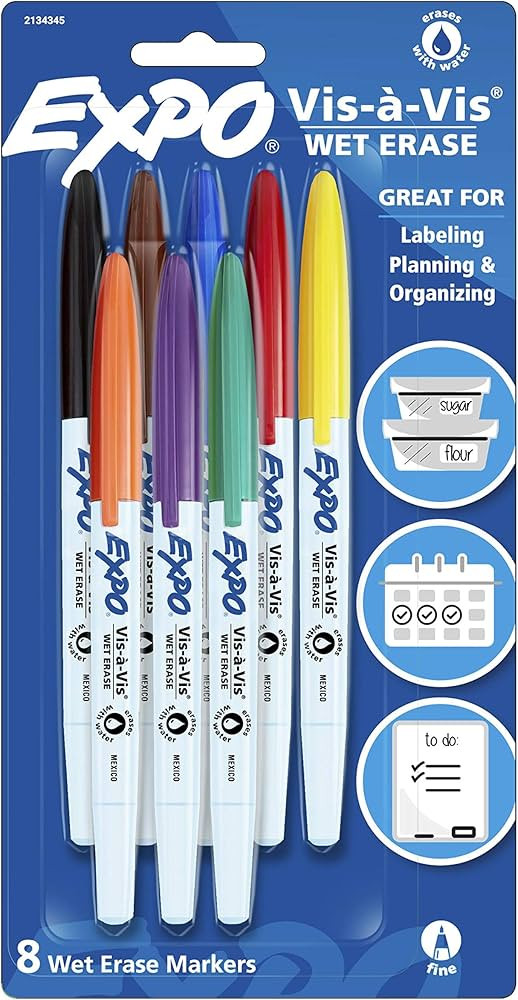 EXPO Vis-a-Vis Wet Erase Marker Set, Fine Tip, Assorted Colors, 8 Count | Amazon (US)