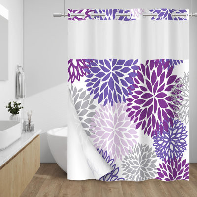 No Hook Shower Curtain With Snap In Liner - Fabric Waterproof Inner Liner, Plants Purple Grey Flowers Modern Cloth Shower Curtains - Machine Washable, | Wayfair North America
