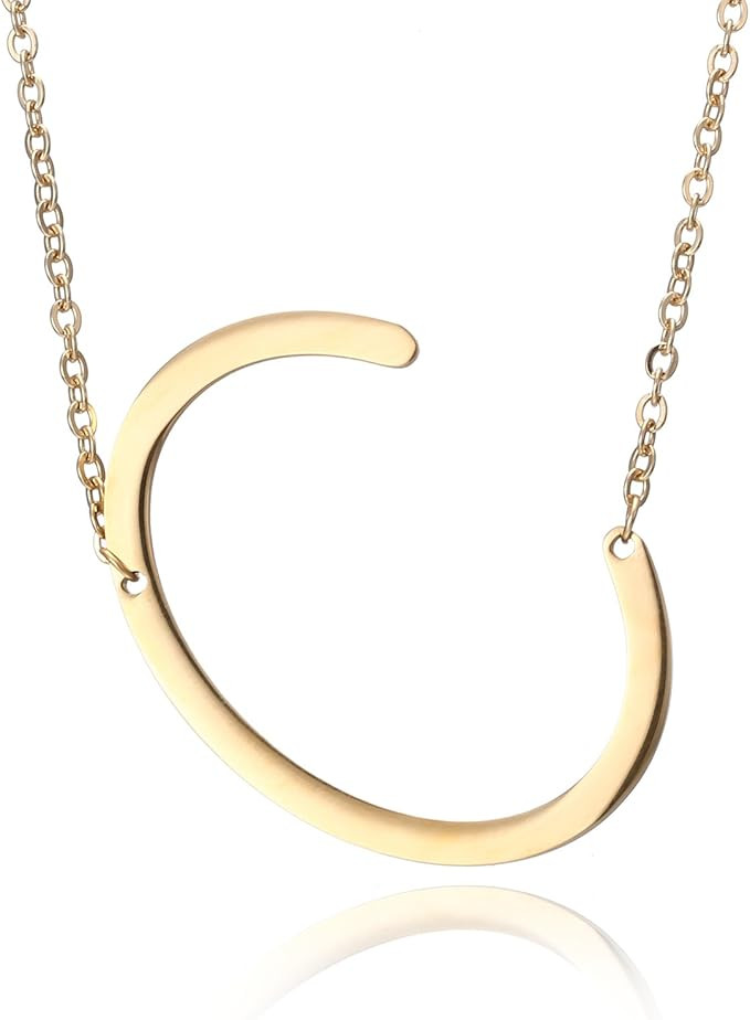 RINHOO Sideways Large Initial Necklace 18k Gold Plated Stainless Steel Big Letter Script Name Mon... | Amazon (US)