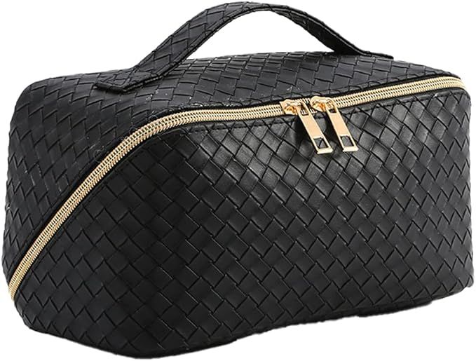 TrueLux Upgrade Woven Leather MakeupBag, Large-Capacity Travel Cosmetic Bag with Handle Divider,P... | Amazon (US)