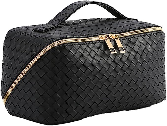 TrueLux Upgrade Woven Leather MakeupBag, Large-Capacity Travel Cosmetic Bag with Handle Divider,P... | Amazon (US)