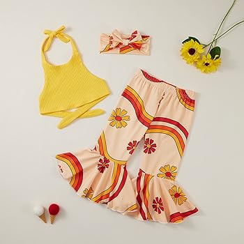 Weixinbuy Baby Girl Clothes 1st Birthday Outfit Set Bell Bottom Pant Halter Crop Top Pant Set Tod... | Amazon (US)
