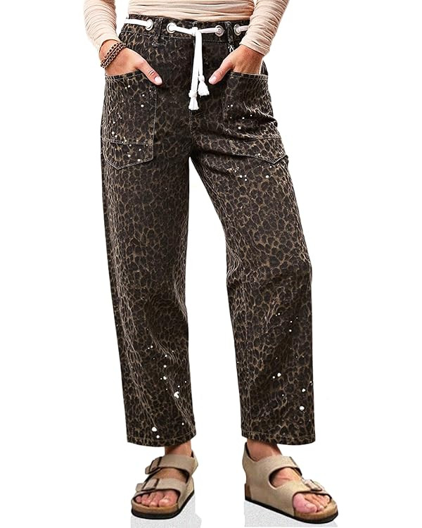 Cicy Bell Womens Baggy Barrel Horseshoe Jeans Wide Leg Drawstring Vintage Denim Pants with Front ... | Amazon (US)