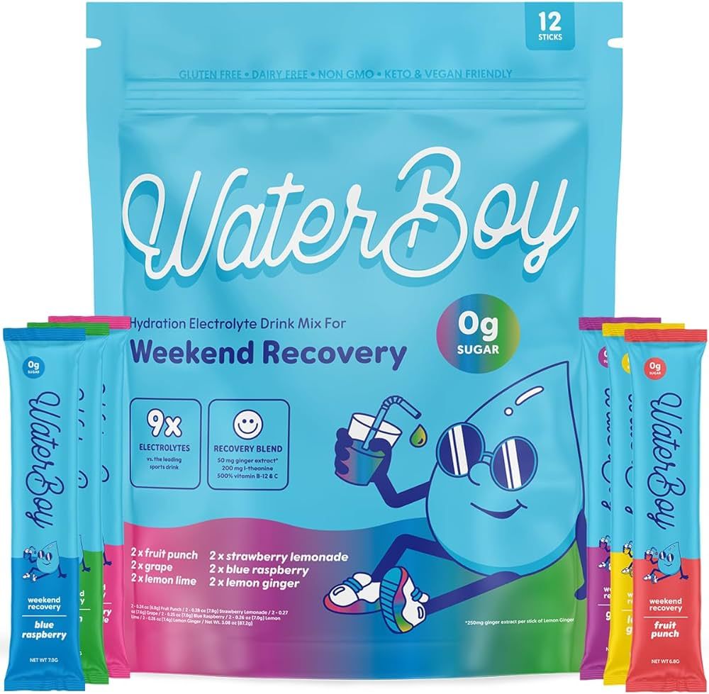 Waterboy Weekend Recovery Sample Pack | 3,200mg Electrolyte Powder Packets | Ginger + L-Theanine ... | Amazon (US)