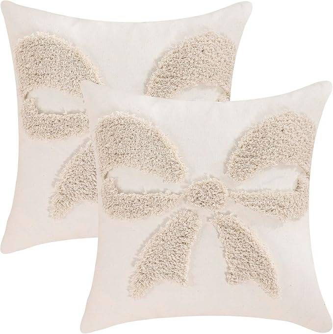LUOYEHK Christmas Pillow Covers 18x18 Set of 2 Beige Bow Decorative Throw Pillows Winter Holiday ... | Amazon (US)