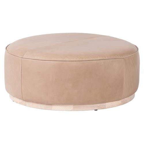 Leah Modern Classic Light Brown Upholstered Leather Wood Round Ottoman - Large | Kathy Kuo Home