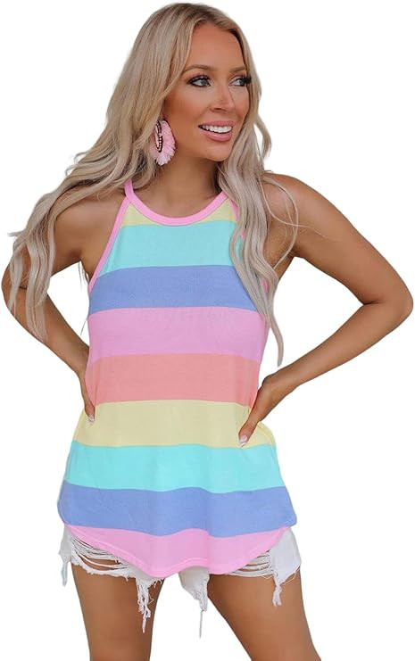 Women's Striped Rainbow Sleeveless Tank Tops Round Neck Summer Tees Loose Top Long Vest | Amazon (US)